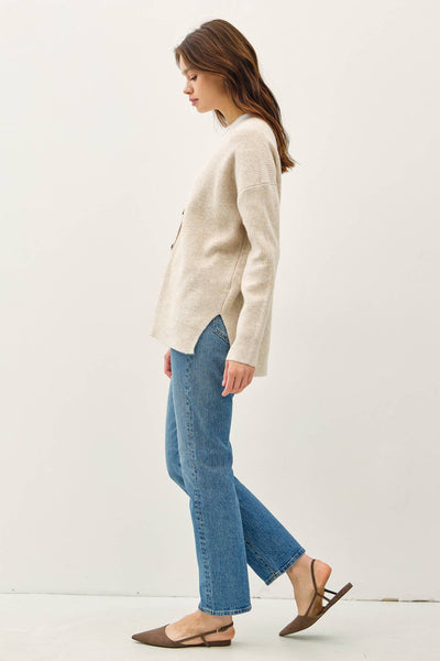 V-Neck Ribbed Cardigan  - Oatmeal