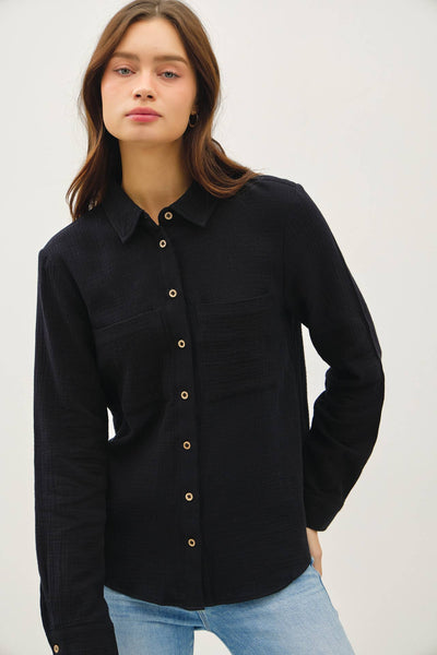 COTTON GAUZE LONG SLEEVE BUTTON UP SHIRT