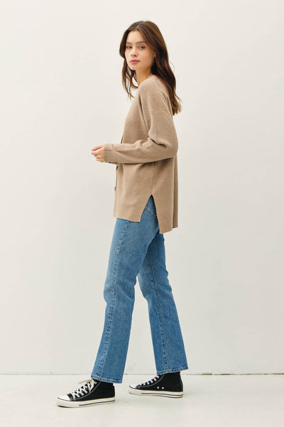 V-Neck Ribbed Cardigan - Mocha