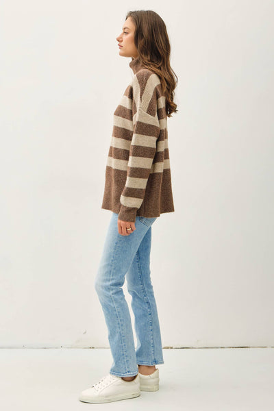 Wide Stripe Turtle Neck Sweater - Cocoa