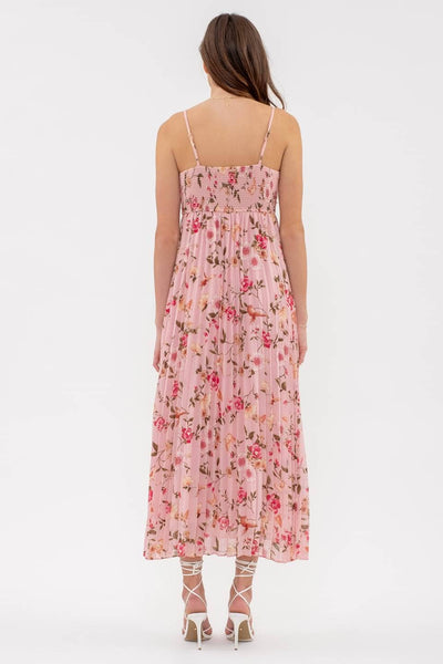Pleated Floral Print Midi Dress - Pink