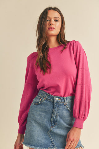 Pointelle Puff Sleeve Sweater - Fuschia