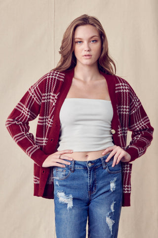 Classic Plaid Cardigan - Burgundy