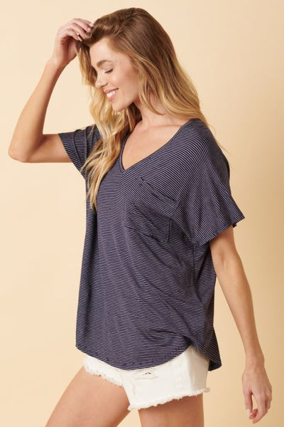 Pin Stripe V-Neck Top - Navy/Ivory