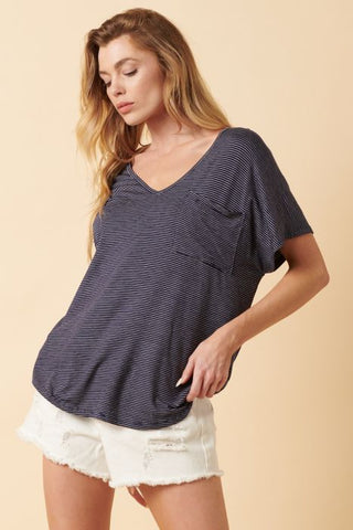 Pin Stripe V-Neck Top - Navy/Ivory