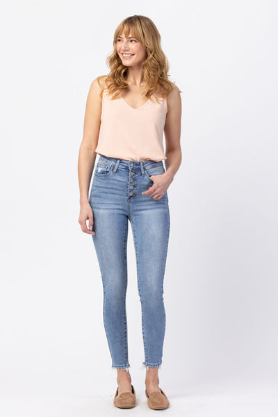 Hi-Rise Button Fly Skinny Jeans