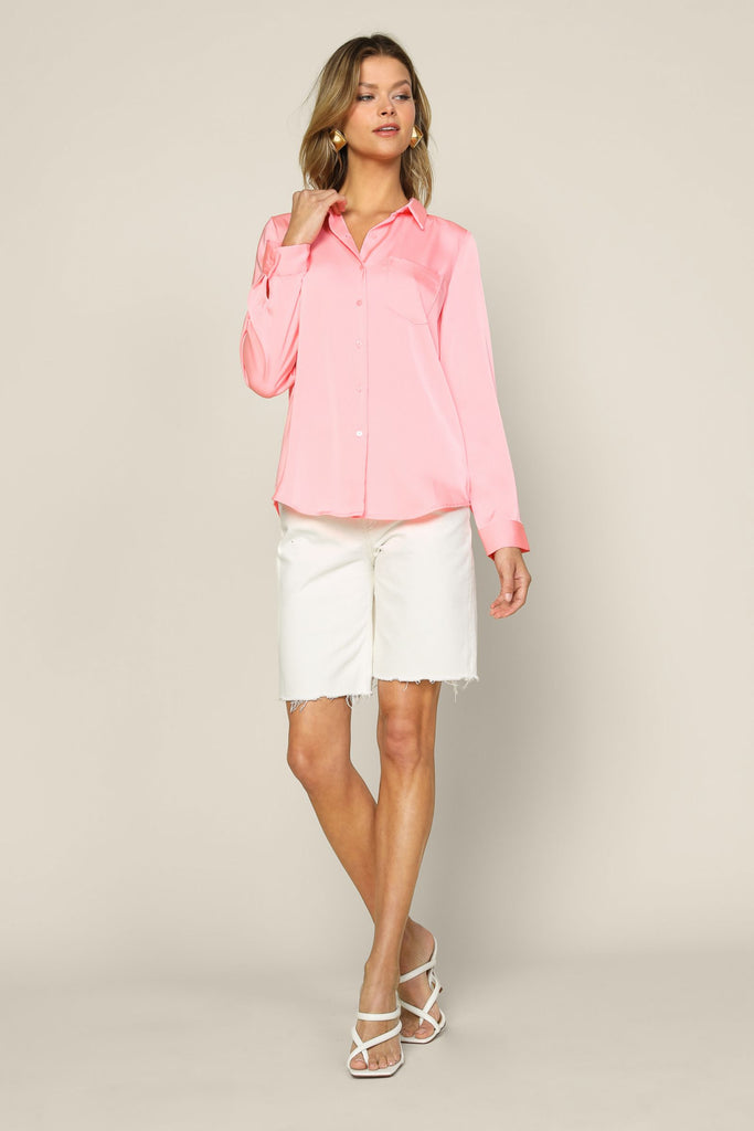 Satin Button Up Shirt - Neon Coral