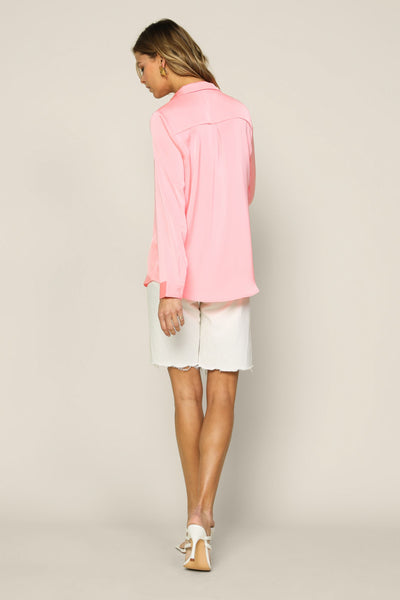Satin Button Up Shirt - Neon Coral