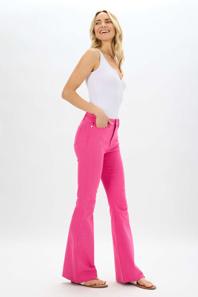 High Waisted Hot Pink Flare Jeans