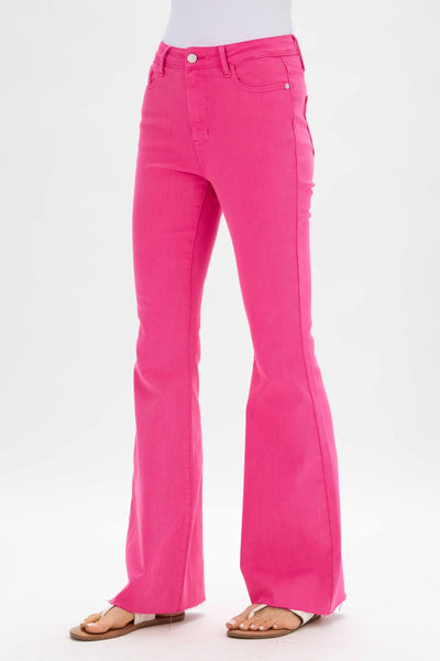 High Waisted Hot Pink Flare Jeans
