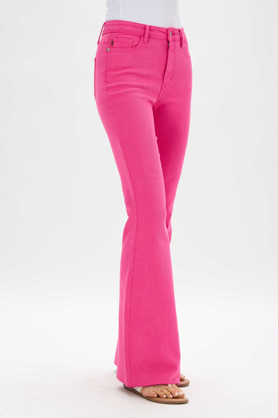 High Waisted Hot Pink Flare Jeans