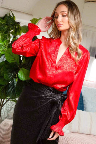 Animal Print Satin Top - Red