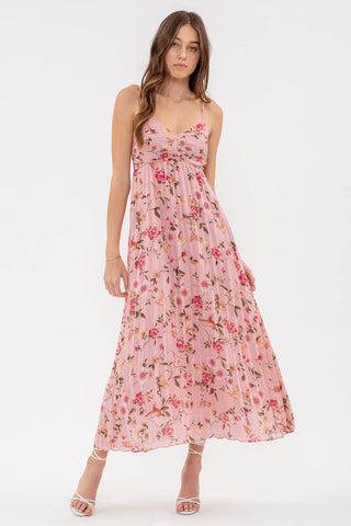 Pleated Floral Print Midi Dress - Pink
