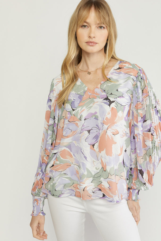 Zay Floral Pleat Top - Lavender Sage