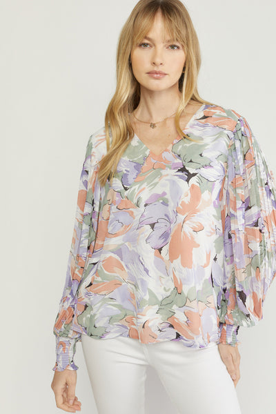 Zay Floral Pleat Top - Lavender Sage
