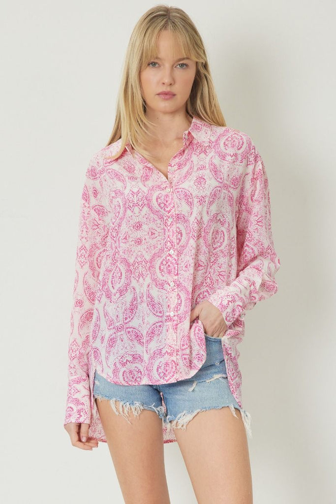 Paisley Print Button Up Top - Pink
