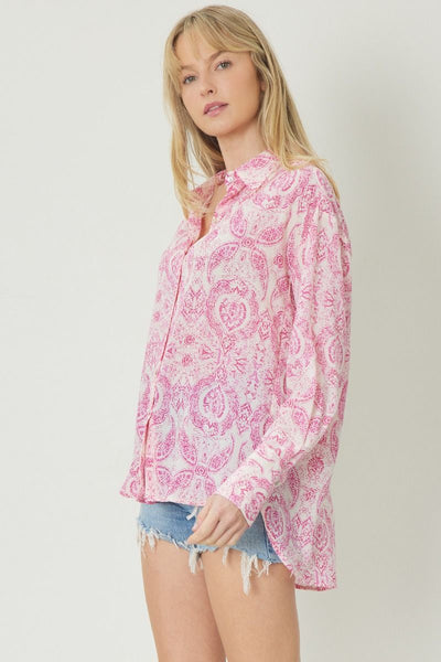 Paisley Print Button Up Top - Pink