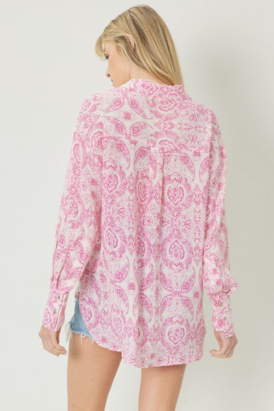 Paisley Print Button Up Top - Pink