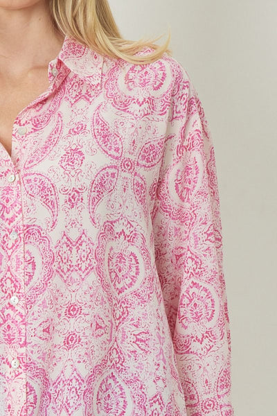 Paisley Print Button Up Top - Pink