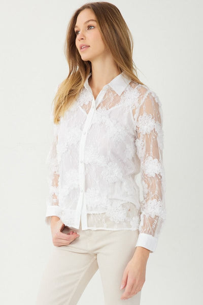 Floral Lace Button Up - White