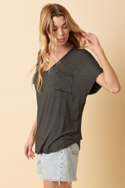 Pin Stripe V-Neck Tee - Black/Ivory