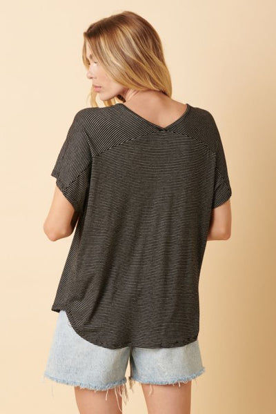 Pin Stripe V-Neck Tee - Black/Ivory